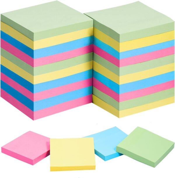 Sticky Notes 3x3 Inches Bulk 28 Pack, 2800 Sheets Colored Self-Stick Pads, 100 Sheets/Pad, 4 Bright Colors (Yellow, Green, Pink, Blue) for Office, School, and Home Supplies