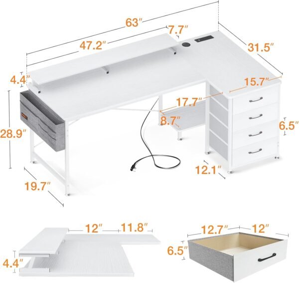 Corner Desk with Drawers, L Shaped Computer Desk with USB Charging Port & Power Outlet, Home Office Desk with Monitor Stand and PC Stand - Image 2