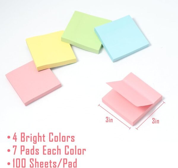 Sticky Notes 3x3 Inches Bulk 28 Pack, 2800 Sheets Colored Self-Stick Pads, 100 Sheets/Pad, 4 Bright Colors (Yellow, Green, Pink, Blue) for Office, School, and Home Supplies - Image 4