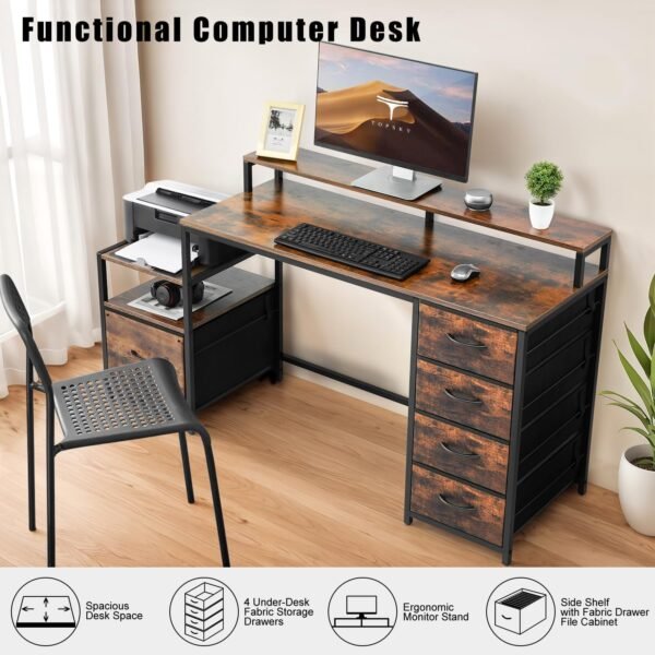 Compact Computer Desk with Storage Shelf and File Drawer for Letter Size Documents, Monitor Stand, Study Table for Home Office (Rustic Brown, 61.6 inches) - Image 6