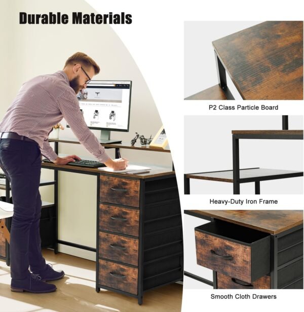 Compact Computer Desk with Storage Shelf and File Drawer for Letter Size Documents, Monitor Stand, Study Table for Home Office (Rustic Brown, 61.6 inches) - Image 3