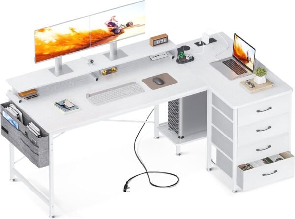 Corner Desk with Drawers, L Shaped Computer Desk with USB Charging Port & Power Outlet, Home Office Desk with Monitor Stand and PC Stand
