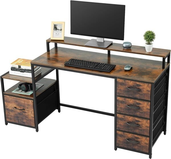 Compact Computer Desk with Storage Shelf and File Drawer for Letter Size Documents, Monitor Stand, Study Table for Home Office (Rustic Brown, 61.6 inches) - Image 2
