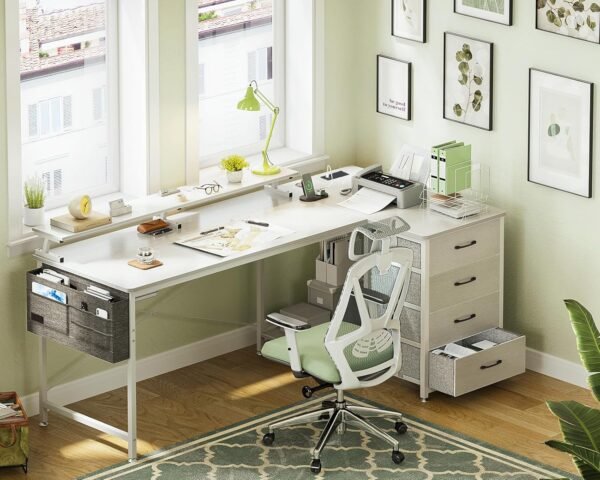 Corner Desk with Drawers, L Shaped Computer Desk with USB Charging Port & Power Outlet, Home Office Desk with Monitor Stand and PC Stand - Image 6