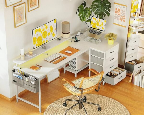 Corner Desk with Drawers, L Shaped Computer Desk with USB Charging Port & Power Outlet, Home Office Desk with Monitor Stand and PC Stand - Image 7